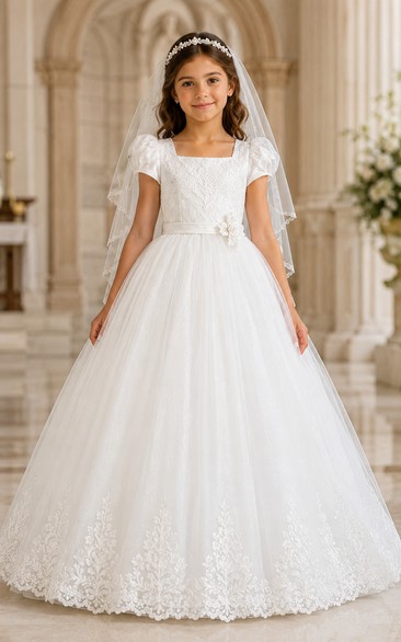 Puff Sleeve White Lace Tulle First Communion Ball Gown with Veil