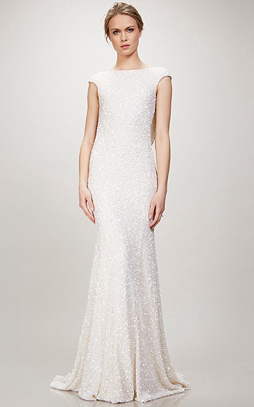 Bateau Long Beaded Jersey Simple Wedding Dress With Sweep Train And V Back