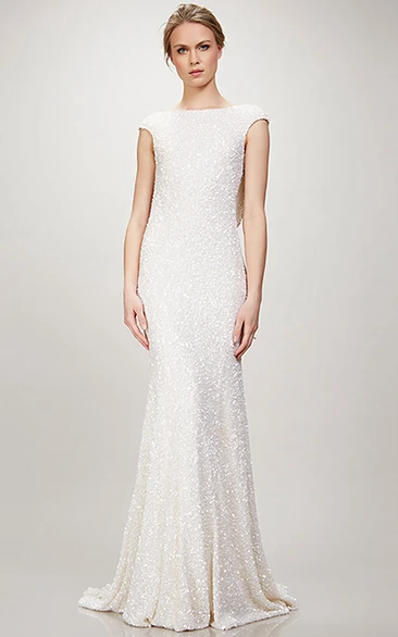 Bateau Long Beaded Jersey Simple Wedding Dress With Sweep Train And V Back