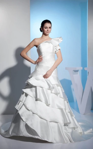 One-Shoulder A-Line Ruched Appliques and Gown With Tiers