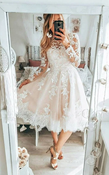 Jewel-neck Lace Applique Long Sleeve Tea-length A-line Vintage Wedding Dress