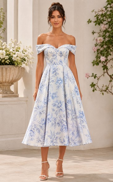 Blue Floral Off-the-Shoulder Tea-Length Garden Party Dress with Sweetheart Bodice