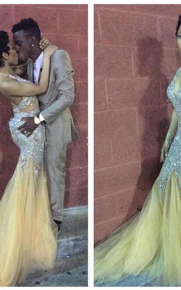 Sexy Mermaid Crystals Prom Dress Halter Sleeveless Sweep Train