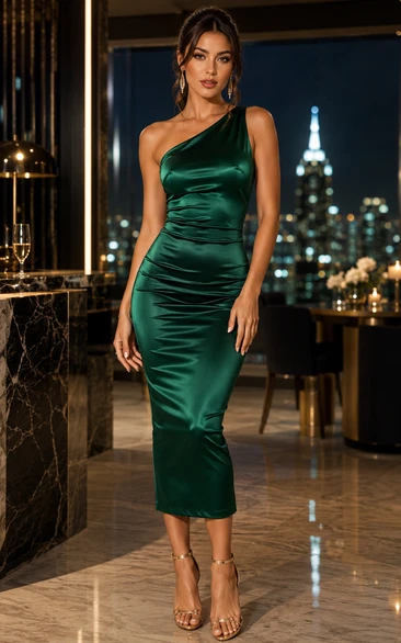Satin Cocktail Dress in Dark Green, One-Shoulder Sheath Tea-Length Gown with Drape