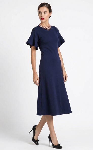 High Neck Jersey A-Line Dress with Bell Sleeves
