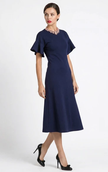 High Neck Jersey A-Line Dress with Bell Sleeves