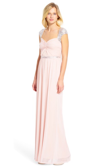 Sheath Beaded Cap-Sleeve Chiffon Bridesmaid Dress With Ruching And Keyhole