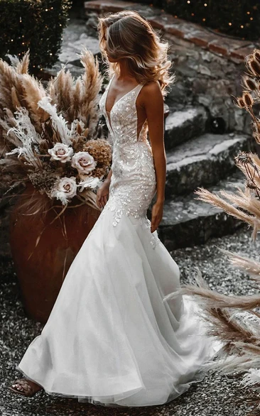 Sequined V-Neck Mermaid Wedding Dress with Layered Tulle