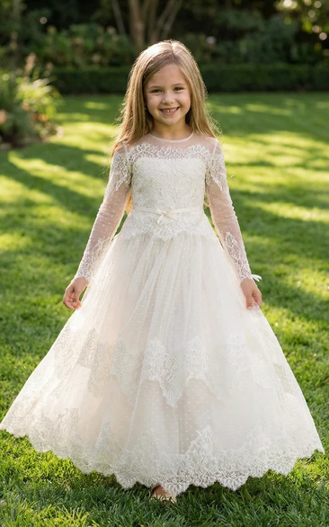 Vintage Lace Long Sleeve Flower Girl Dress - Floor Length Tulle Ball Gown with Bow
