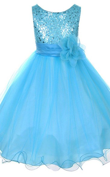 Sleeveless Scoop-neck Dress With Sequins and Flower