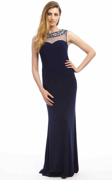 Sheath Beaded Sleeveless Floor-Length Bateau-Neck Jersey Prom Dress
