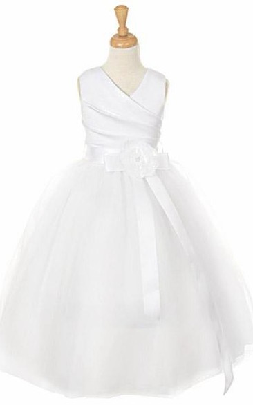 Ankle-Length V-Neck Tiered Tulle&Satin Flower Girl Dress