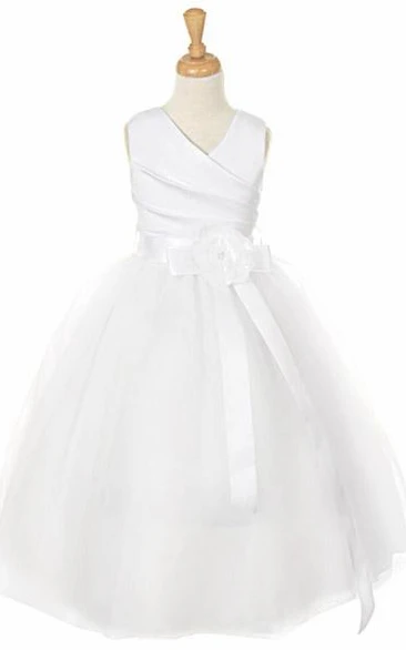 Ankle-Length V-Neck Tiered Tulle&Satin Flower Girl Dress