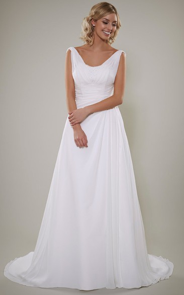 A-Line V-Neck Maxi Sleeveless Satin Wedding Dress With Deep-V Back And Sweep Train