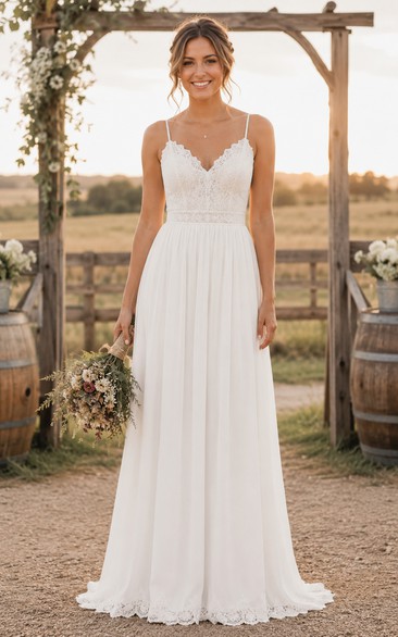 Country V-neck Chiffon A-line Wedding Dress with Lace