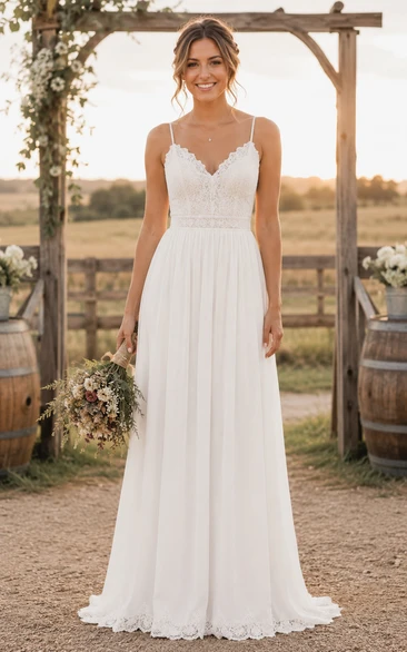 Country V-neck Chiffon A-line Wedding Dress with Lace
