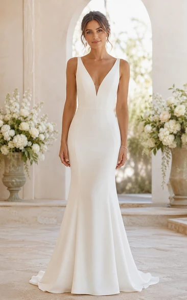 Simple V-Neck Satin Mermaid Wedding Dress with Low Back and Sweep Train