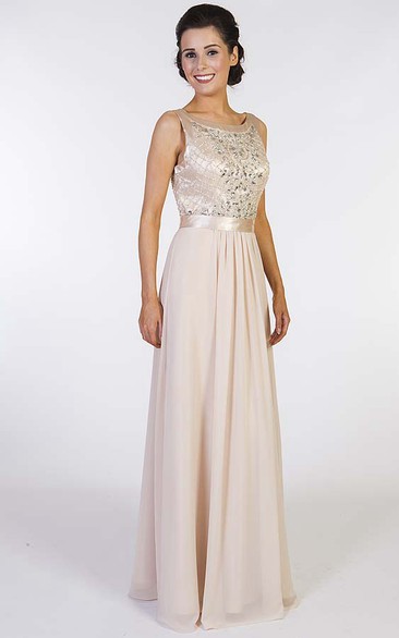 A-Line Long Scoop-Neck Beaded Sleeveless Chiffon Prom Dress