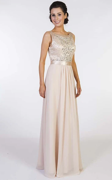 A-Line Long Scoop-Neck Beaded Sleeveless Chiffon Prom Dress