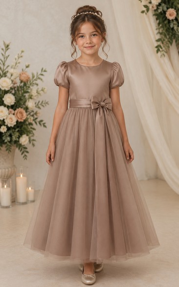 A-line Floor Length Cap Sleeve Tulle Flower Girl Dress with Taupe cap sleeves and simple tulle skirt