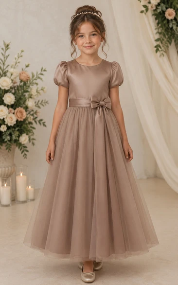 A-line Floor Length Cap Sleeve Tulle Flower Girl Dress with Taupe cap sleeves and simple tulle skirt