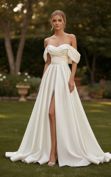A-line Satin Off-the-Shoulder High-Slit Wedding Dress