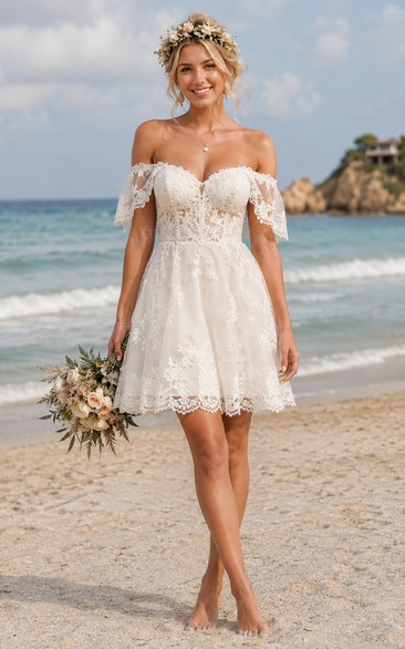 Ivory Short/Mini Off-the-shoulder Lace A-line Wedding Dress with Lace