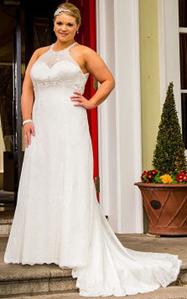 High Neck Sleeveless Lace Bridal Gown With Lace Up And Keyhole