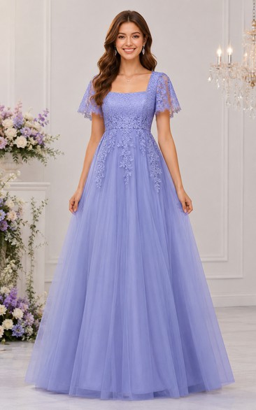 Ball Gown Square Short Sleeve Tulle Prom Dress with Appliques