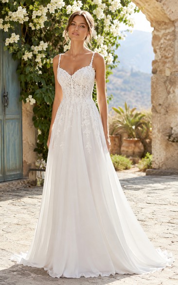 Ivory V-neck Chiffon A-line Wedding Dress with Lace