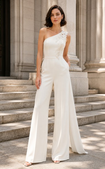 One-Shoulder Bridal Jumpsuit with Floral Applique Strap