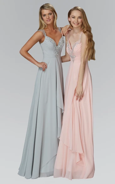 A-Line Maxi Straps Sleeveless Chiffon Keyhole Dress With Beading And Draping