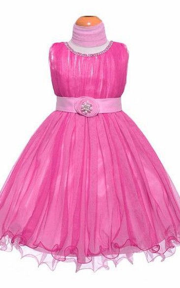 Jewel Tea-Length Pleated Tiered Tulle&Satin Flower Girl Dress