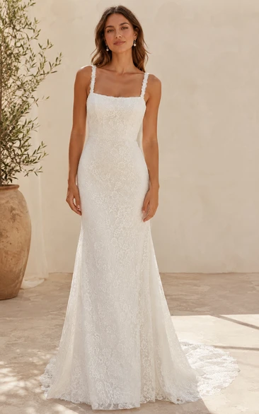 Square Neck Lace Sheath Wedding Dress with Wide Straps and Scalloped Sweep Train