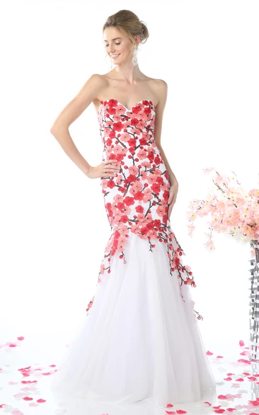 Mermaid Long Sweetheart Sleeveless Lace-Up Dress With Appliques And Flower