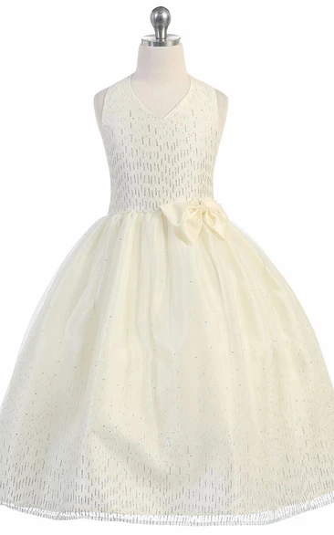 Split Tea-Length Split-Front Bowed Tulle&Taffeta Flower Girl Dress With Ribbon