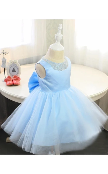 Scoop Beading Neck Sleeveless A-line Knee Length Pleated Tulle Dress With Bow