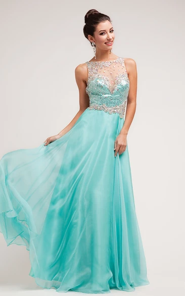 A-Line Bateau Sleeveless Satin Illusion Dress With Crystal Detailing