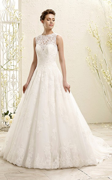 A-Line Sleeveless Appliqued High-Neck Maxi Lace Wedding Dress