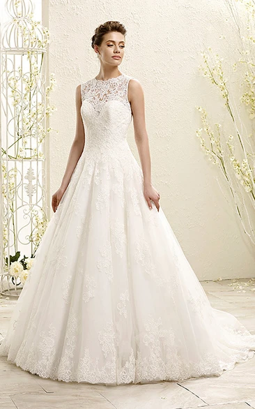 A-Line Sleeveless Appliqued High-Neck Maxi Lace Wedding Dress