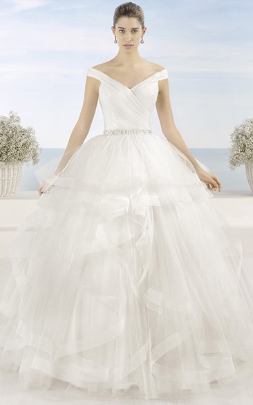 Ball Gown V-Neck Criss-Cross Tulle Wedding Dress