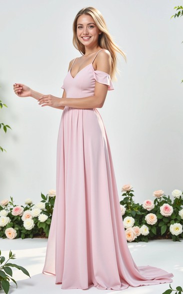 Chiffon Spaghetti Pink Empire Dress with Sweep Train