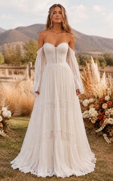 Boho Princess A-Line Wedding Dress Off Shoulder Sweetheart Tulle Lace Applique Tiered Floor Length Chapel Train Ivory