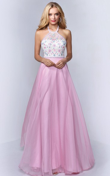 A-Line Maxi Halter Sleeveless Backless Dress With Appliques And Flower