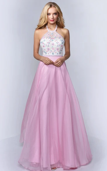 A-Line Maxi Halter Sleeveless Backless Dress With Appliques And Flower