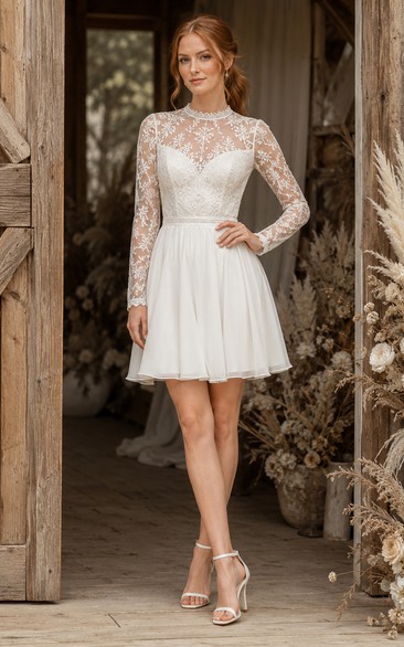 Bateau Neck Short Wedding Dress with Long Lace Sleeves and Satin Skirt
