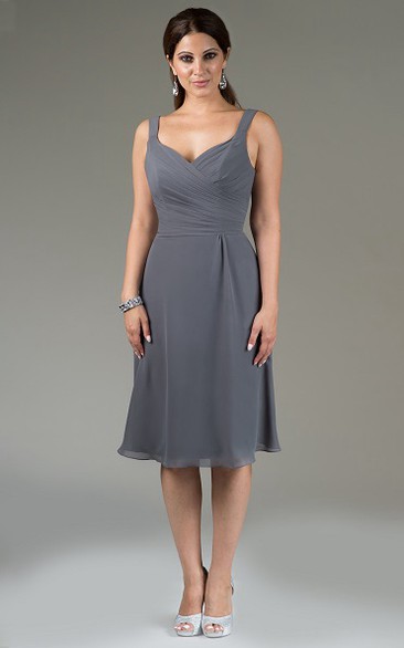 Criss Cross Top Knee Length Chiffon Bridesmaid Dress With Double Straps