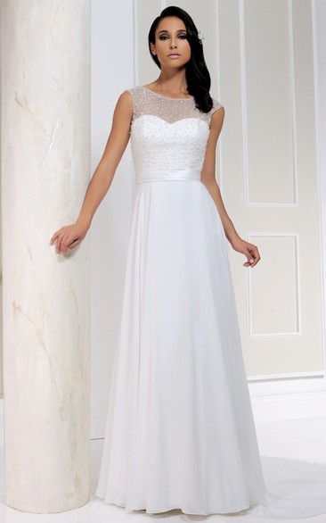 Long Bateau Beaded Chiffon Wedding Dress With Sweep Train And Lace-Up