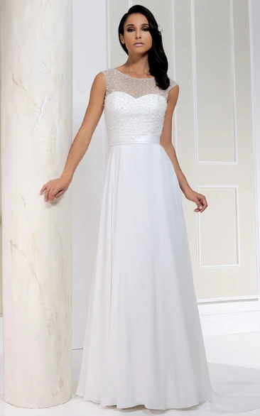 Long Bateau Beaded Chiffon Wedding Dress With Sweep Train And Lace-Up