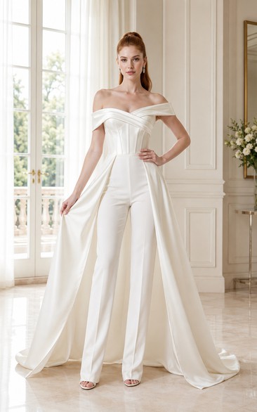 White Off-the-Shoulder Bridal Jumpsuit with Cape Train